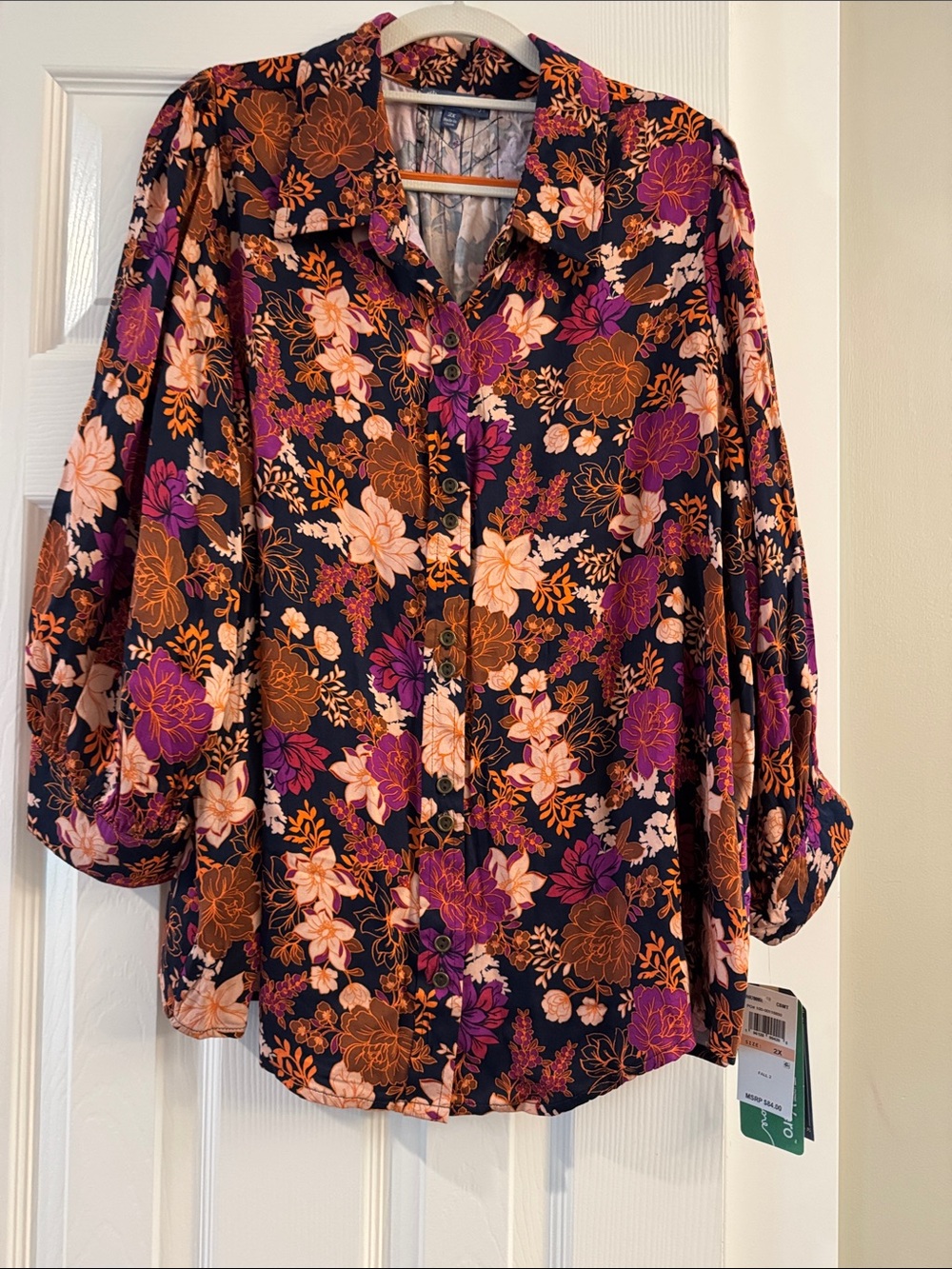 Democracy Floral Button-Down Shirt in Navy with Pink & Orange Accents